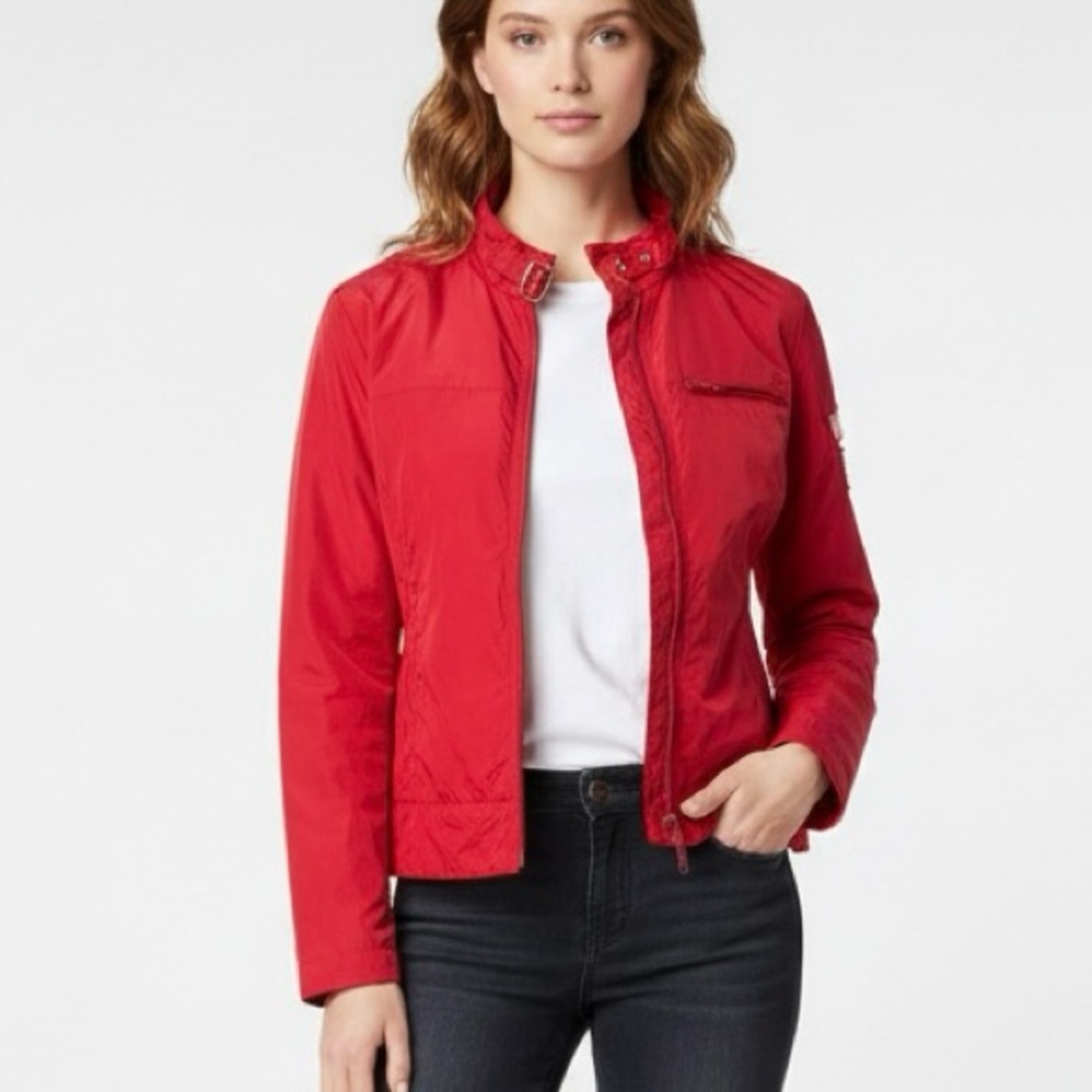 Nautica Jeans Company Red Windbreaker Jacket Size M Mesh Lined Moto Collar